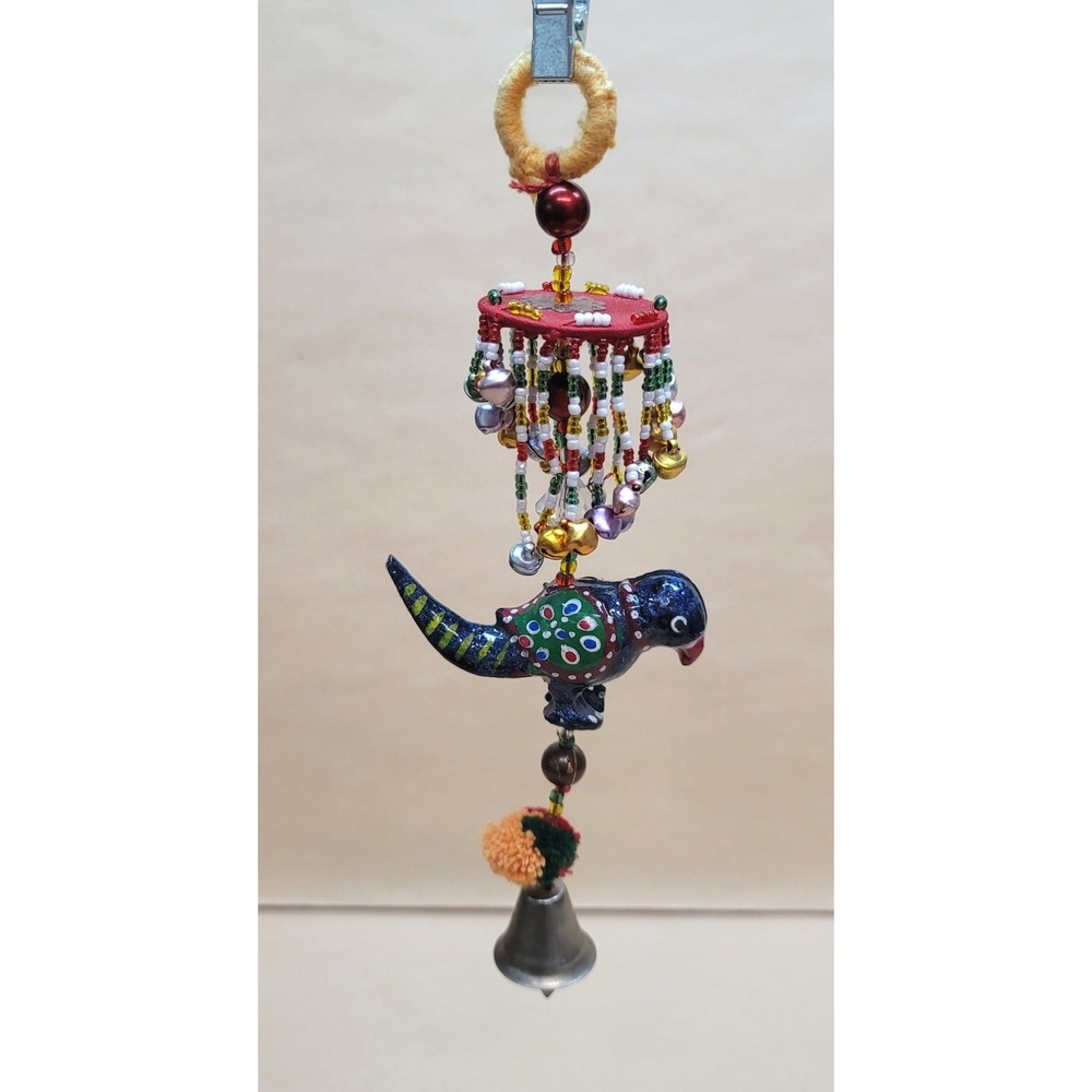 Vintage Indian Folk Art Hanging Bird Ornament Beaded‎ Bells Pom Pom Multi Color